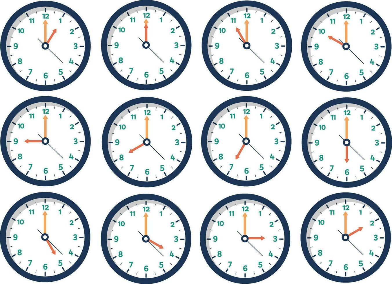 Wall Clock Number Symbol Flat Vector Collection, Time Clock Illustration