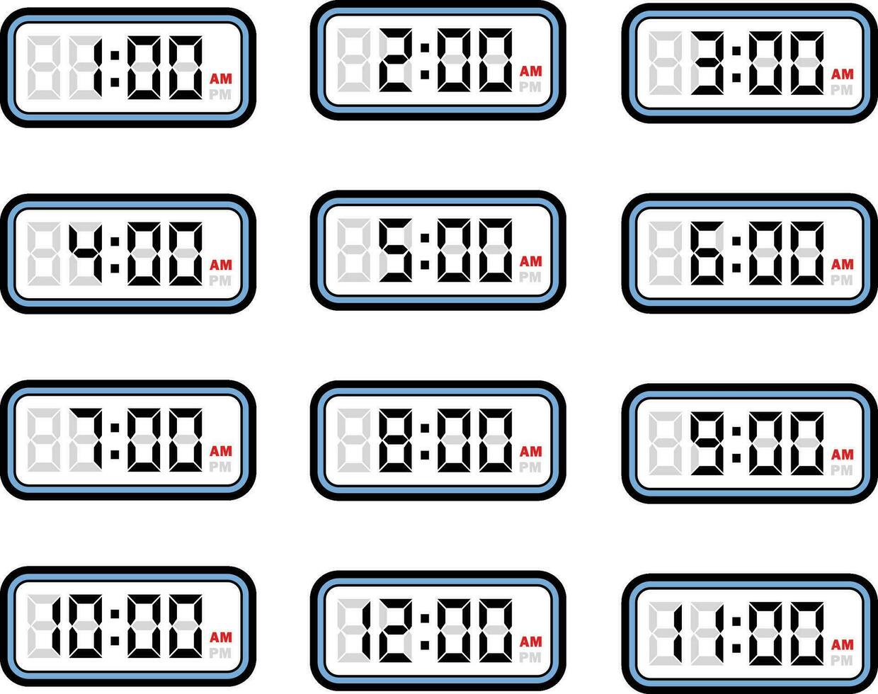 Digital Clock Time Flat Vector Set with 12 Hours Format, Digital Number Illustration