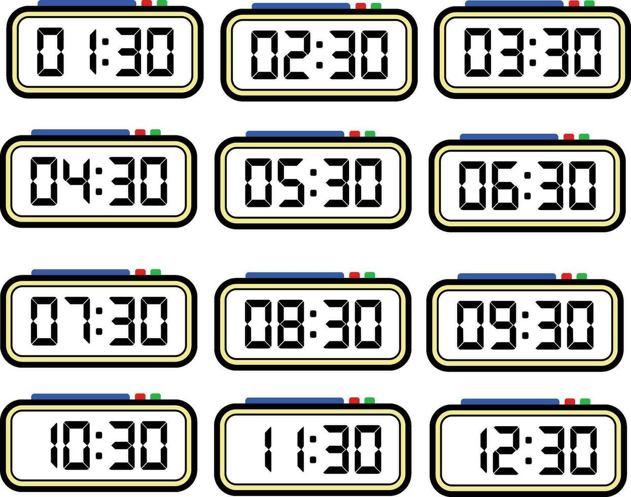 Digital Clock Time Flat Vector Set with 24 Hours, Digital Number Illustration