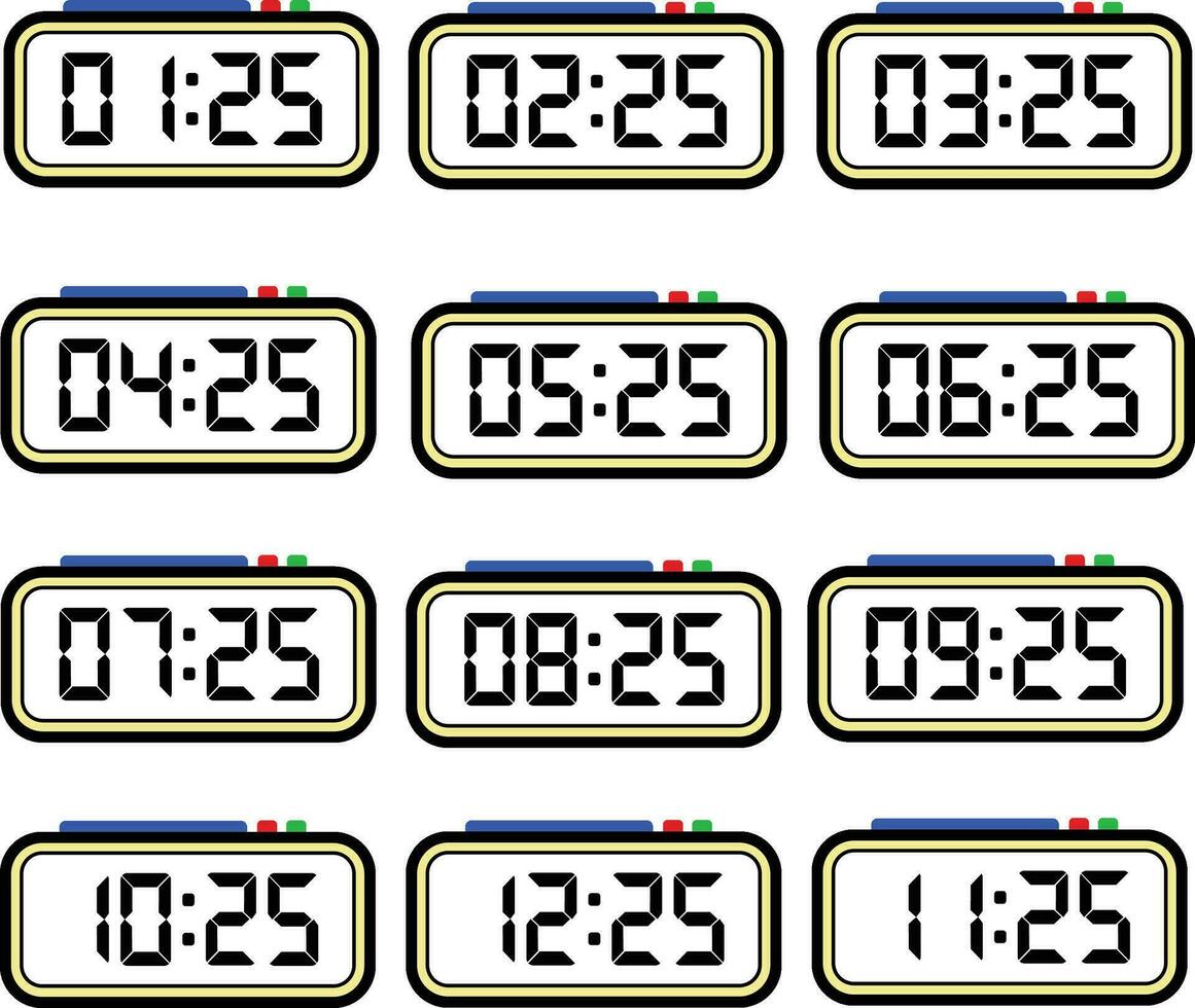 Digital Clock Time Flat Vector Set with 24 Hours, Digital Number Illustration