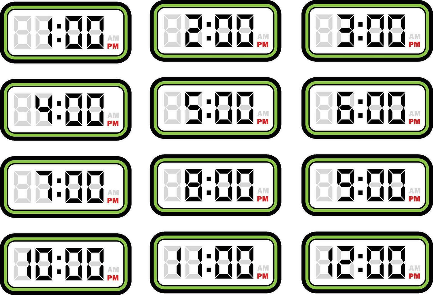 Digital Clock Time Flat Vector Set with 12 Hours Format, Digital Number Illustration