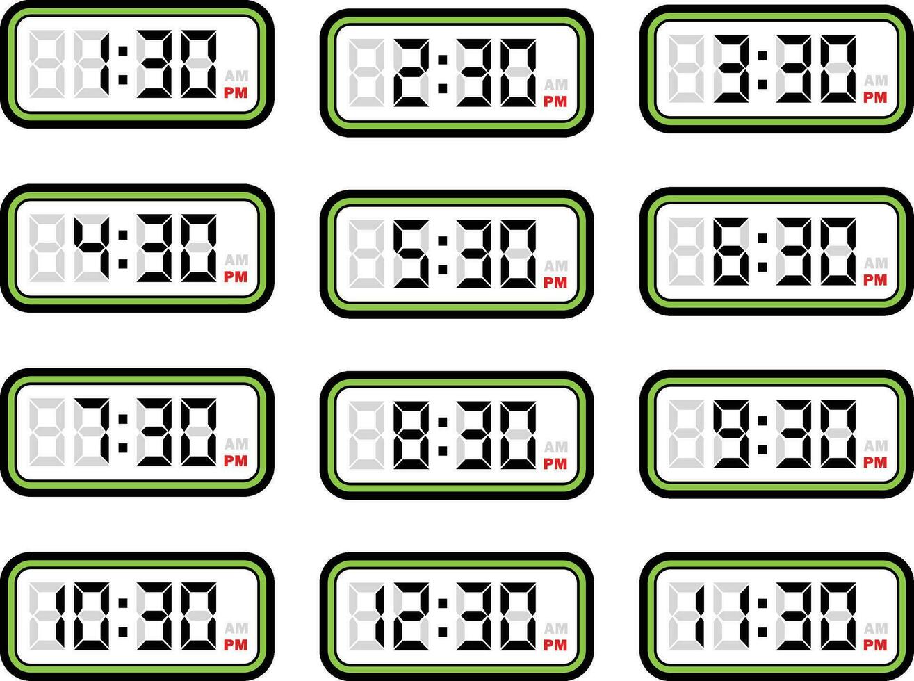 Digital Clock Time Flat Vector Set with 12 Hours Format, Digital Number Illustration