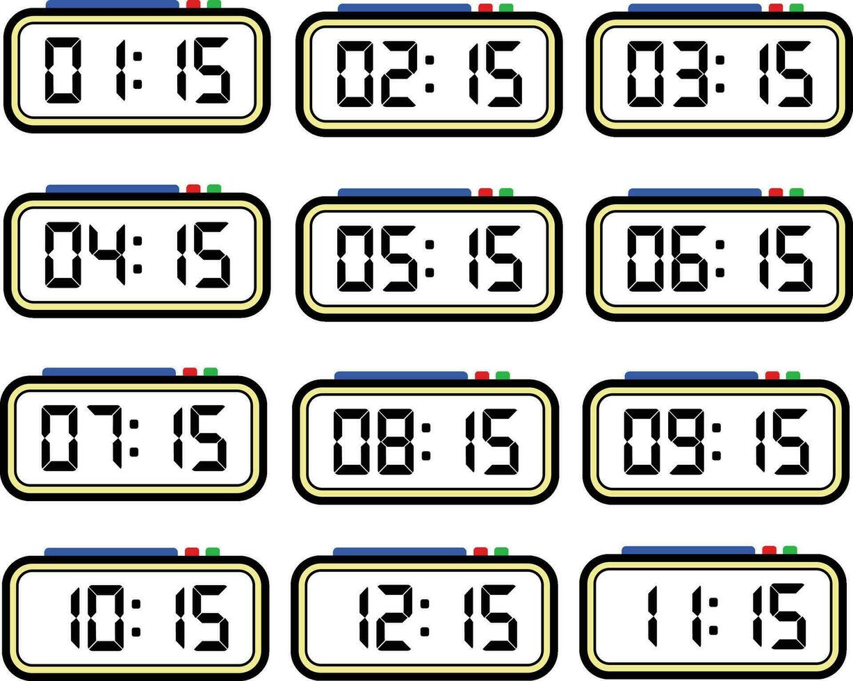 Digital Clock Time Flat Vector Set with 24 Hours, Digital Number Illustration