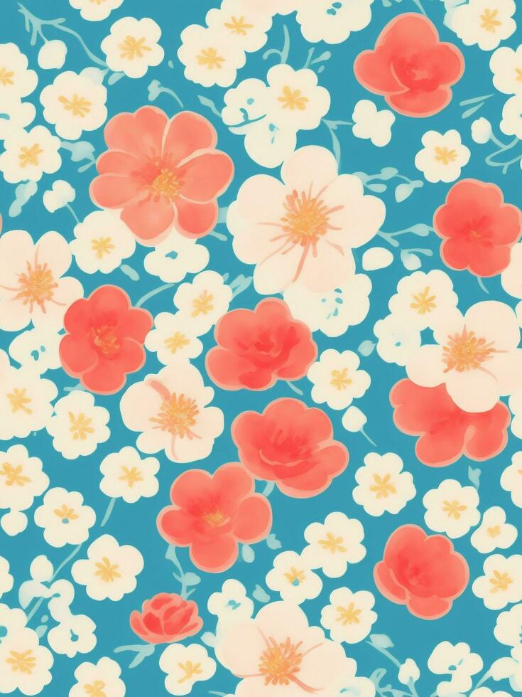 seamless floral pattern, waterpainted watercolor retro styled flowers, ai generative photo