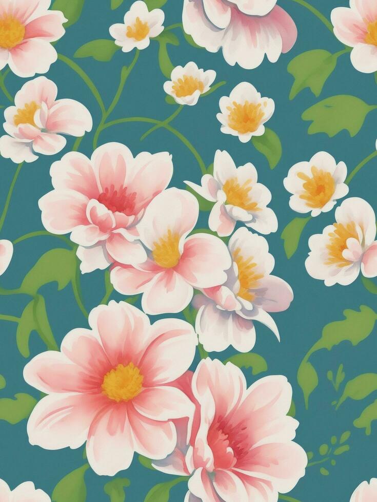 seamless floral pattern, waterpainted watercolor retro styled flowers, ai generative photo