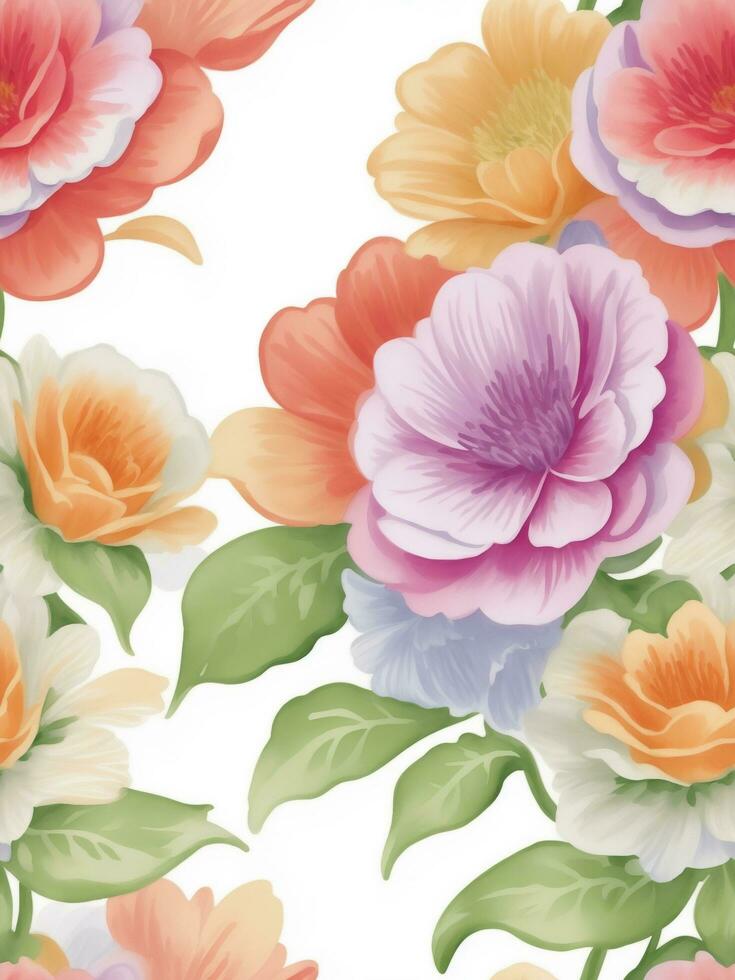 seamless floral pattern, waterpainted watercolor retro styled flowers, ai generative photo