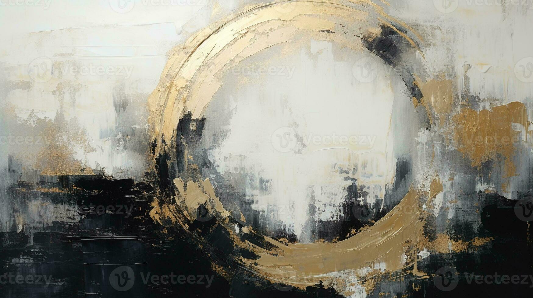 Generative AI, Black, golden and ivory white colors, circle shapes vintage painting background. Grunge old oil impasto painted wall texture photo