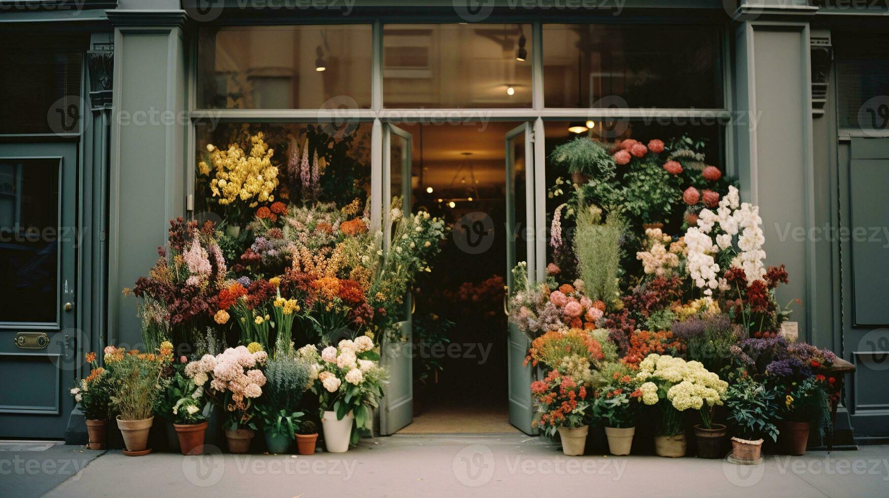 generativo ai, calle floral tienda con vistoso flores, estético apagado colores foto