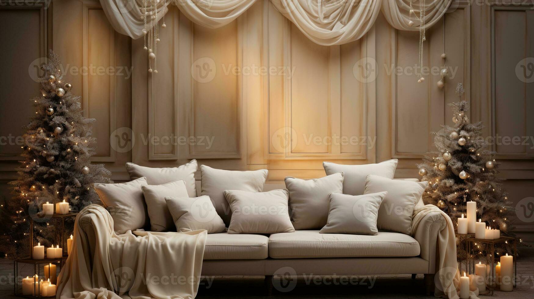 Generative AI, Luxury beige interior with Christmas golden and white decoration photo