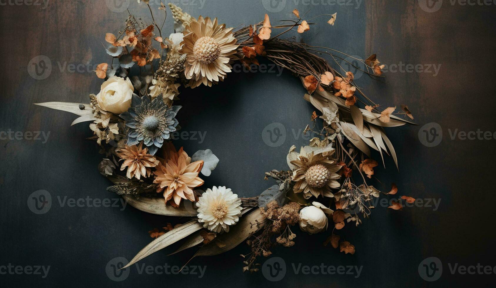 Generative AI, Stylish autumn rustic wreath close up, aesthetic muted colors photo