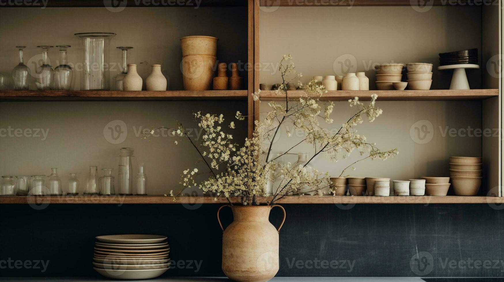Generative AI, kitchen interior, minimalistic japanese wabi sabi style, muted natural neutral colors photo