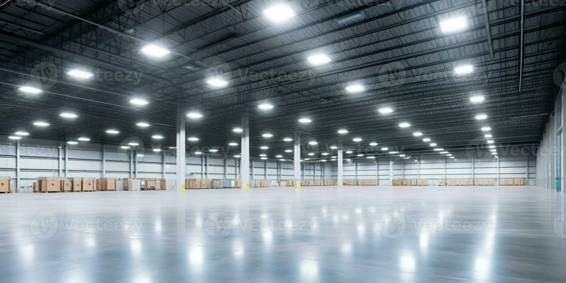 Generative AI, Warehouse interior with LED lighting, industry building, distribution retail center, part of storage and shipping system.. photo