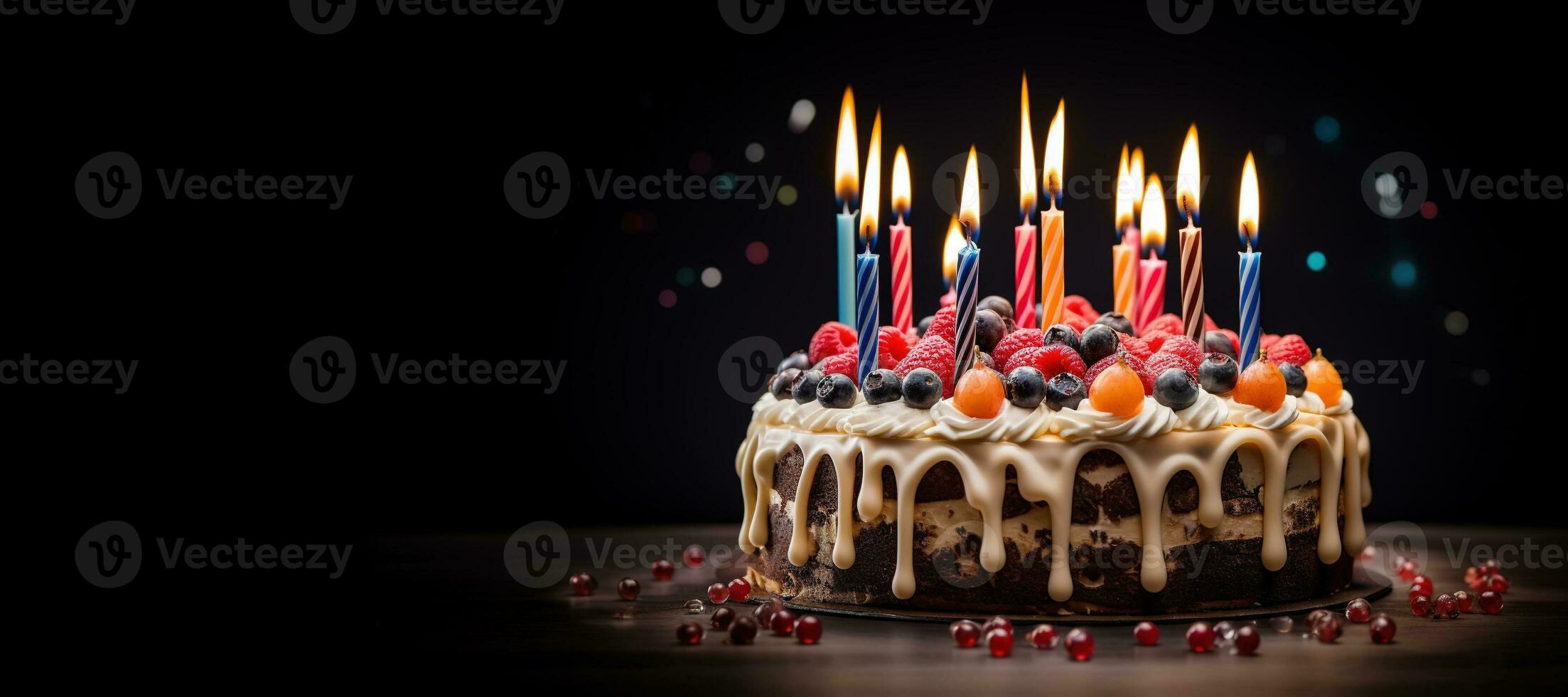 Generative AI, Birthday beautiful cake with fruit and candles, banner for congratulations photo