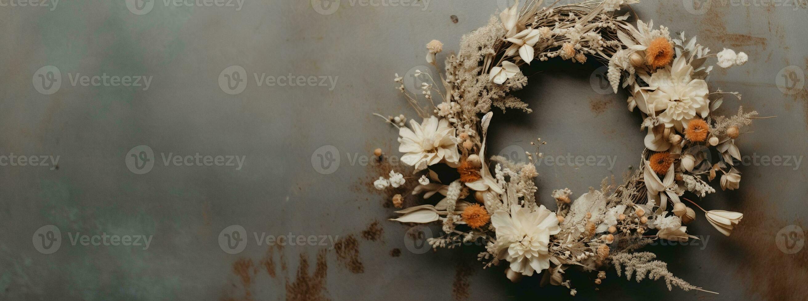 Generative AI, Stylish autumn rustic wreath close up, aesthetic muted colors photo