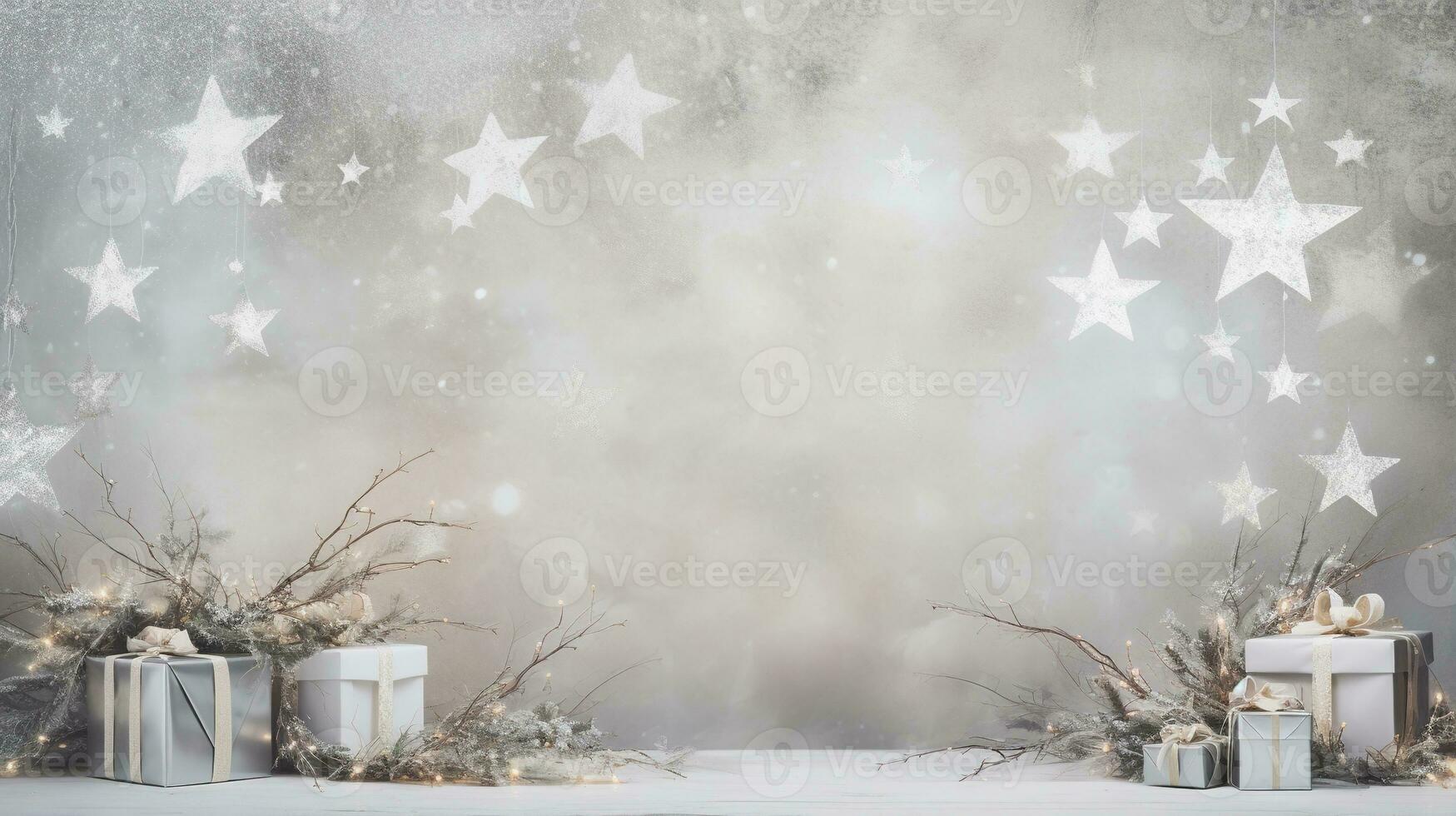 Generative AI, Christmas or New Year minimalistic background with gift boxes, silver and golden bokeh lights, muted colors photo