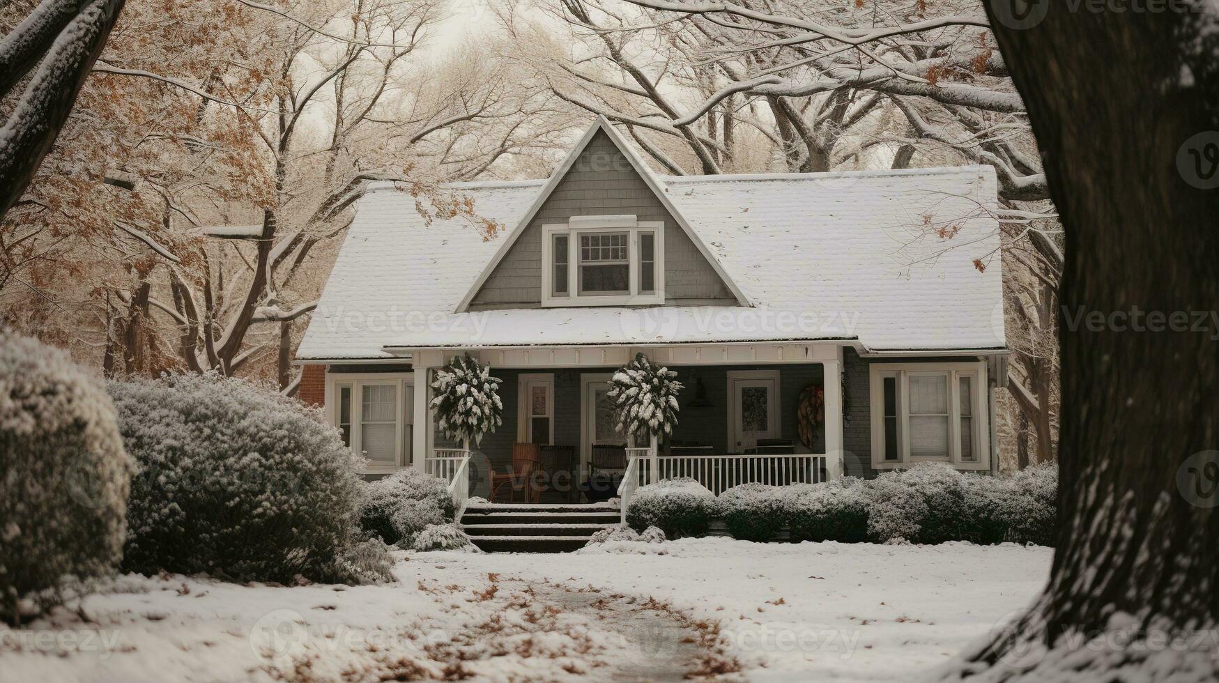 Generative AI, House front in the winter with Christmas decoration, wreath and garland. Snow cosy season photo