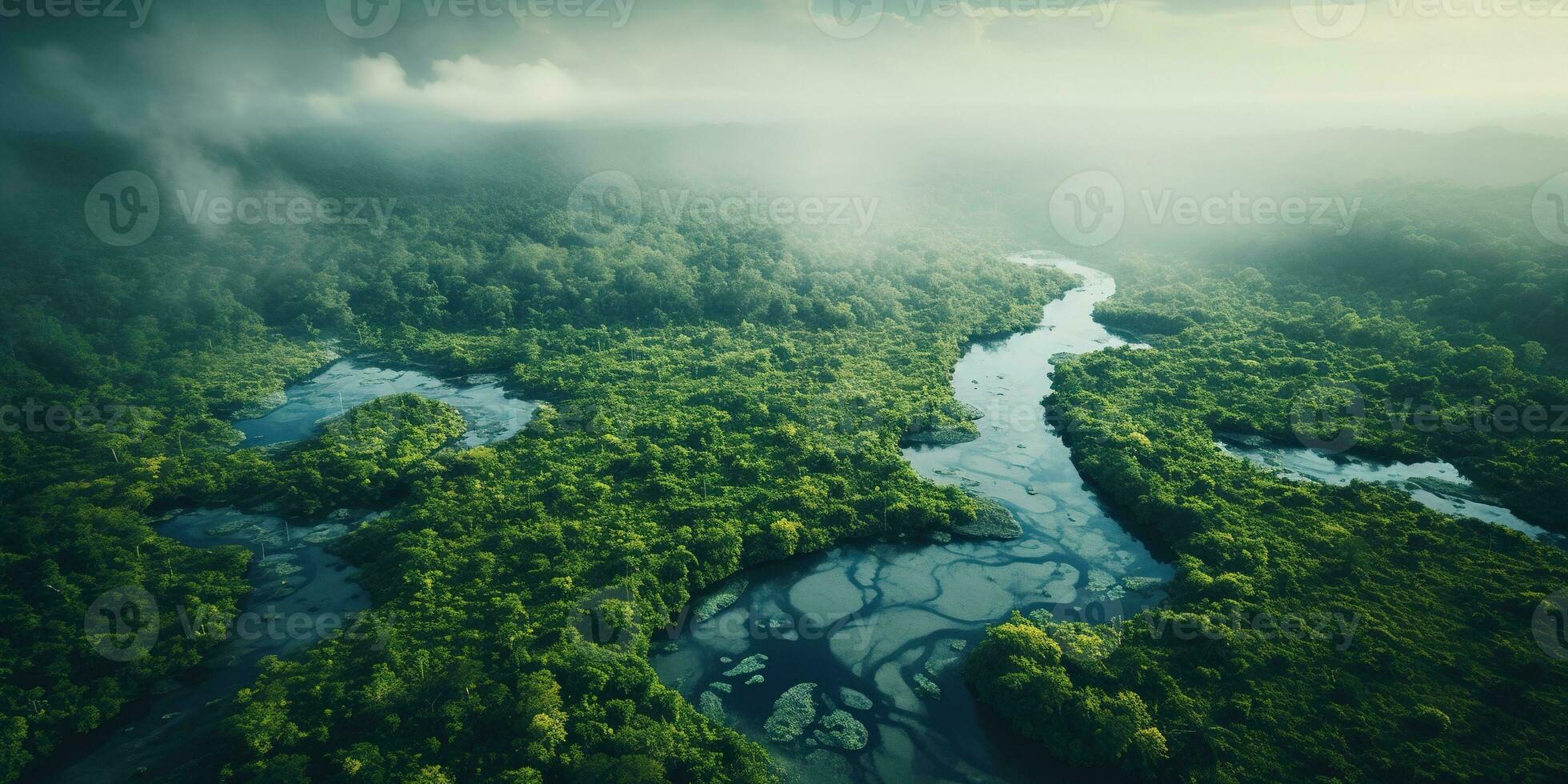 Generative AI, green beautiful amazonian jungle landscape with trees and river, drone view photo