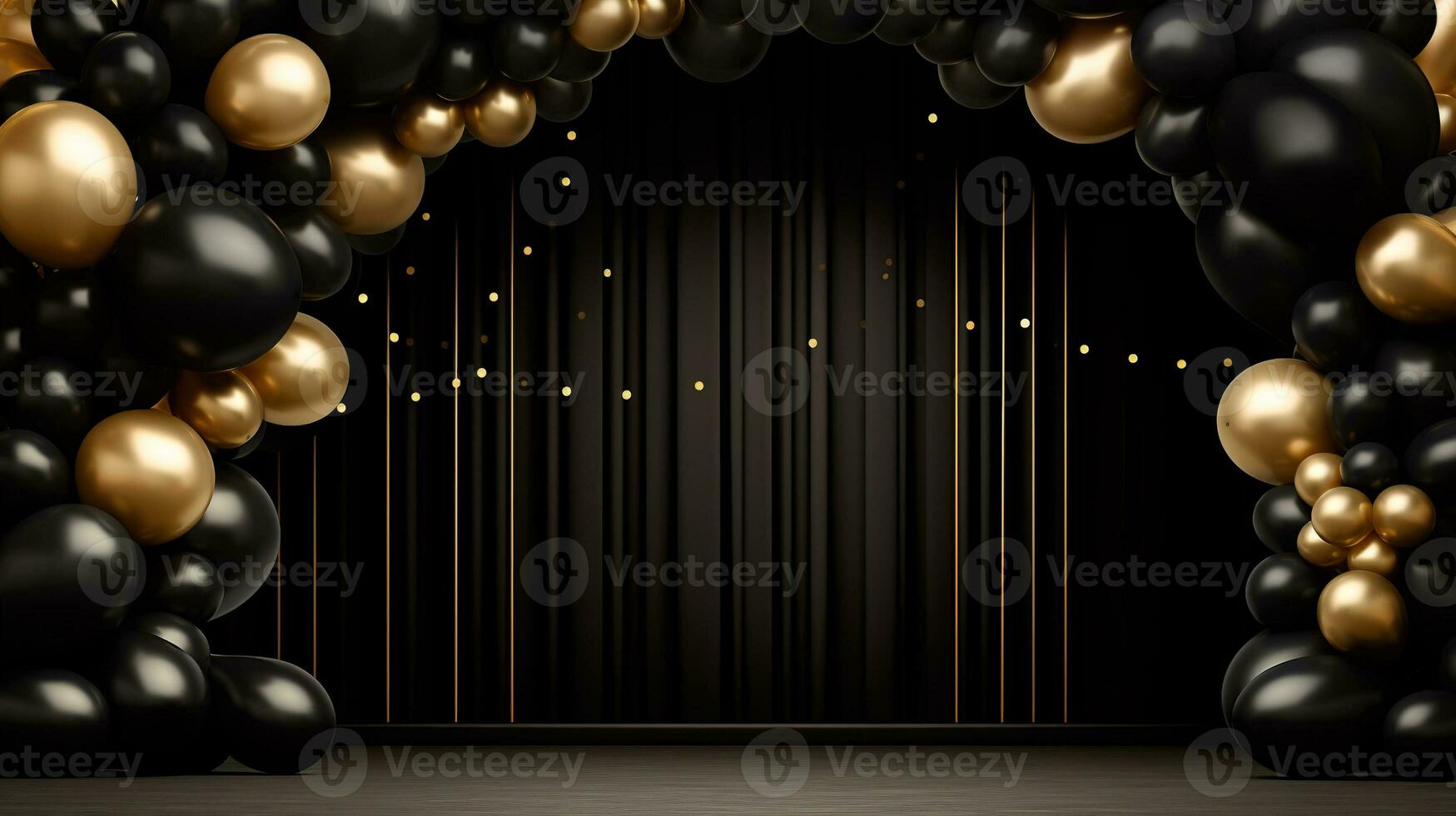 Generative AI, arch of black and golden balloons. Mock up for Black Friday or other holiday 3d background photo