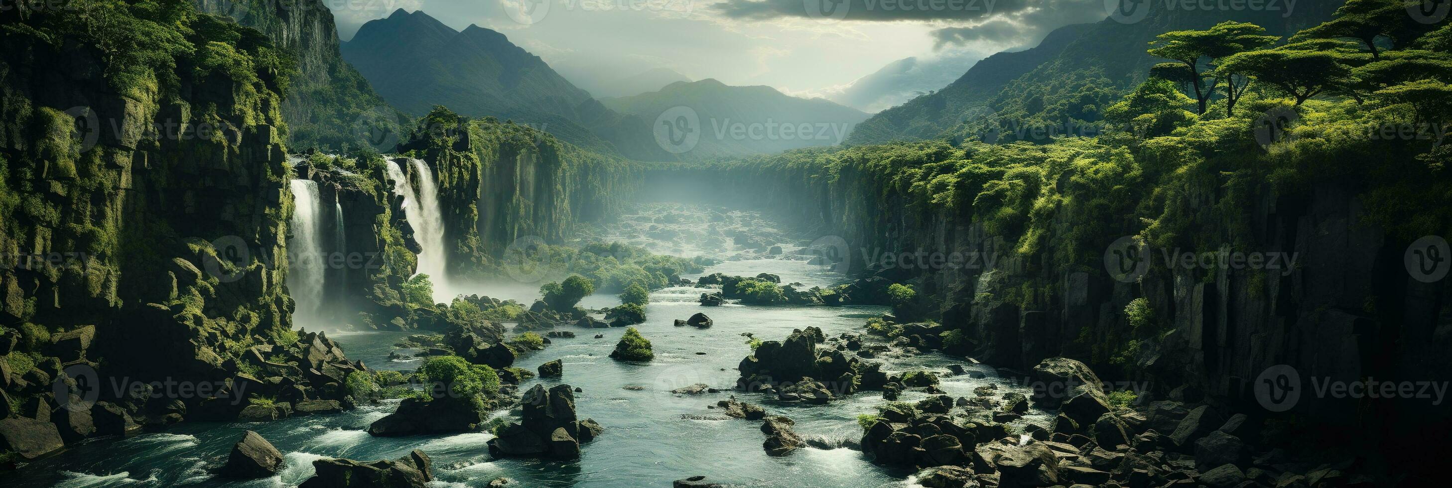 Generative AI, Beautiful green amazon forest landscape, rainforest jungle with waterfalls photo