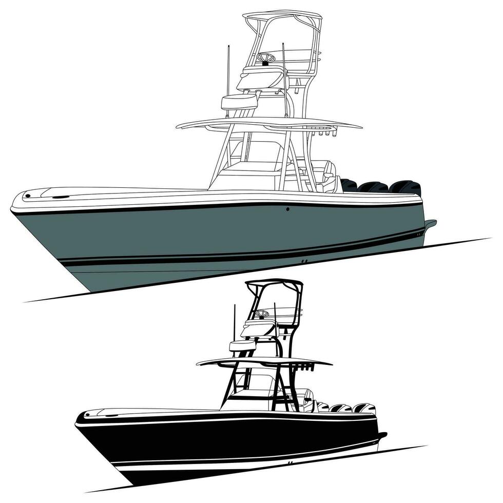 Front view fishing boat vector line art illustration and one color