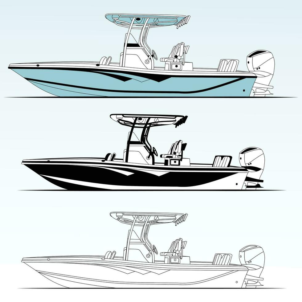 Side view fishing boat vector line art illustration and one color