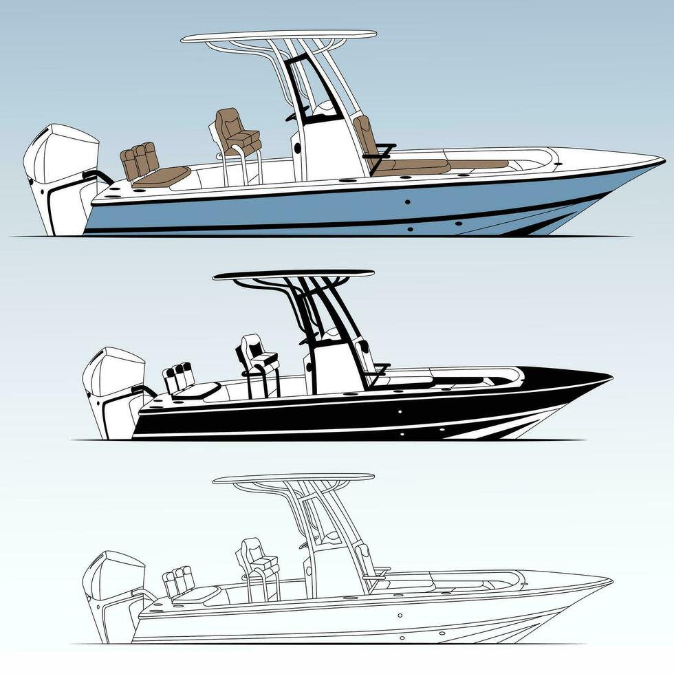 Side view fishing boat vector line art illustration and one color
