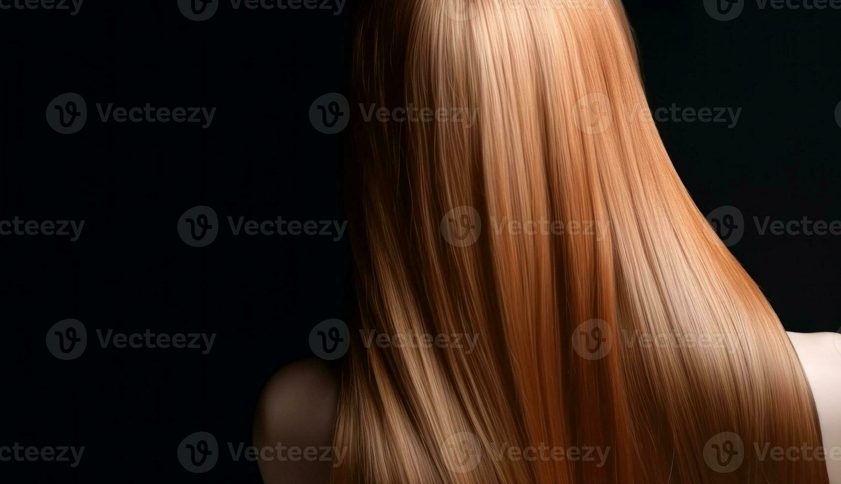 Long healthy female hair viewed from the back with copy-space, Generative AI photo