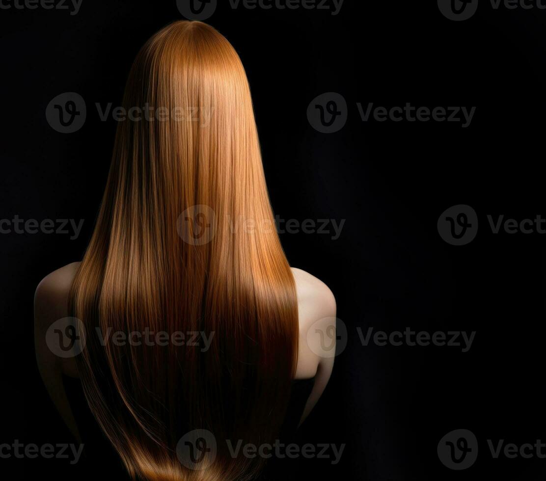 Long healthy female hair viewed from the back with copy-space, Generative AI photo