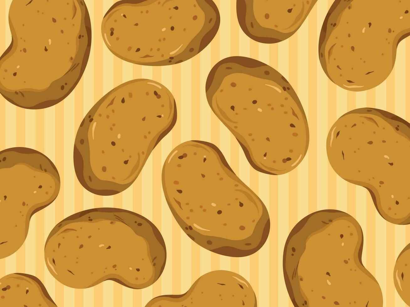 Raw whole potatoes vector background illustration isolated on striped yellow background. Cooking ingredients drawing with simple flat cartoon art style and no outlines.