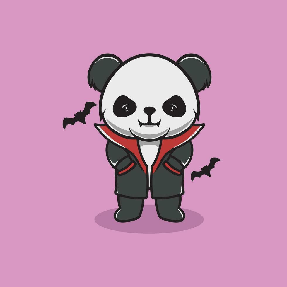 linda panda con vampiro disfraz dibujos animados ilustración vector