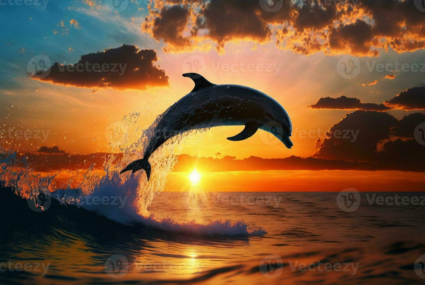 Dolphin jumping in ocean at sunset. Generative AI photo