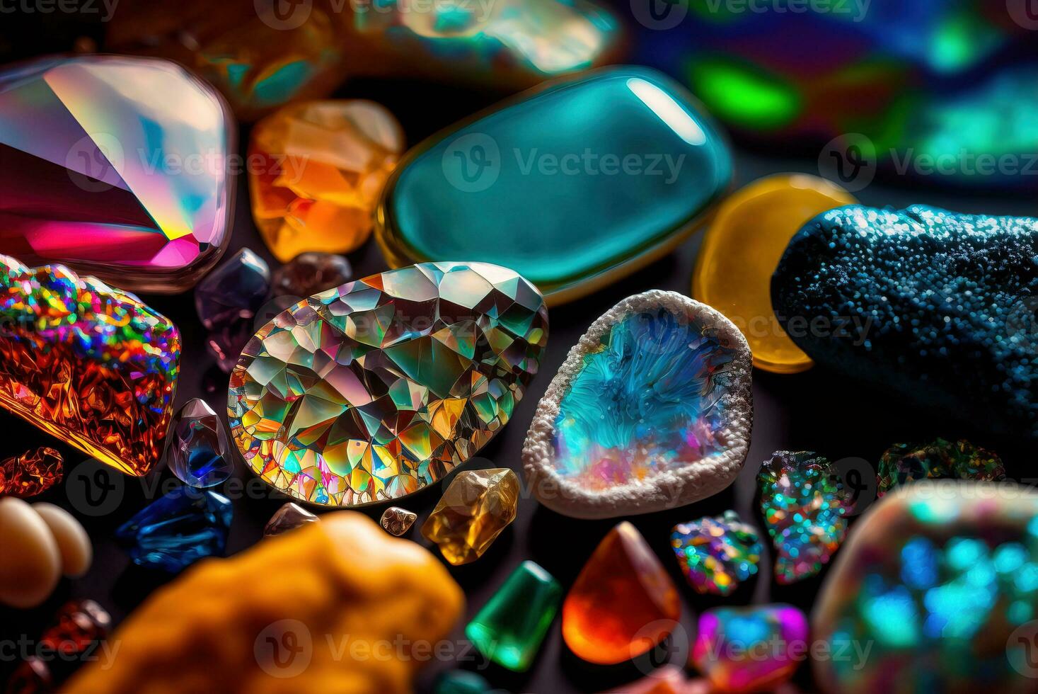 Jewels, mineral gems and crystals close-up background. Generative AI photo