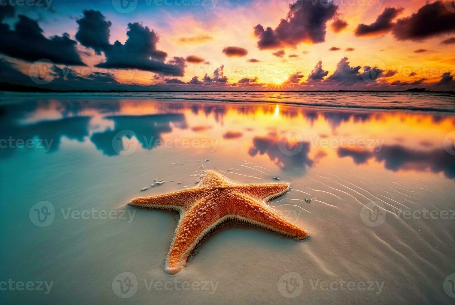 estrella de mar y arena en tropical playa y Oceano a atardecer, generativo ai foto