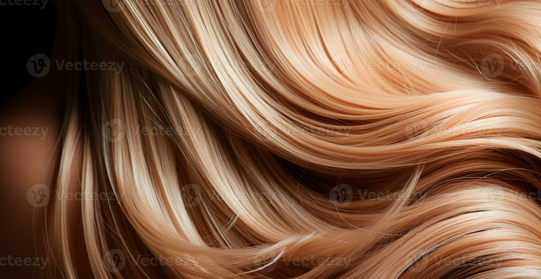 Blonde hair close-up as background. Women's long natural blonde hair. Styling wavy shiny curls - AI generated image photo