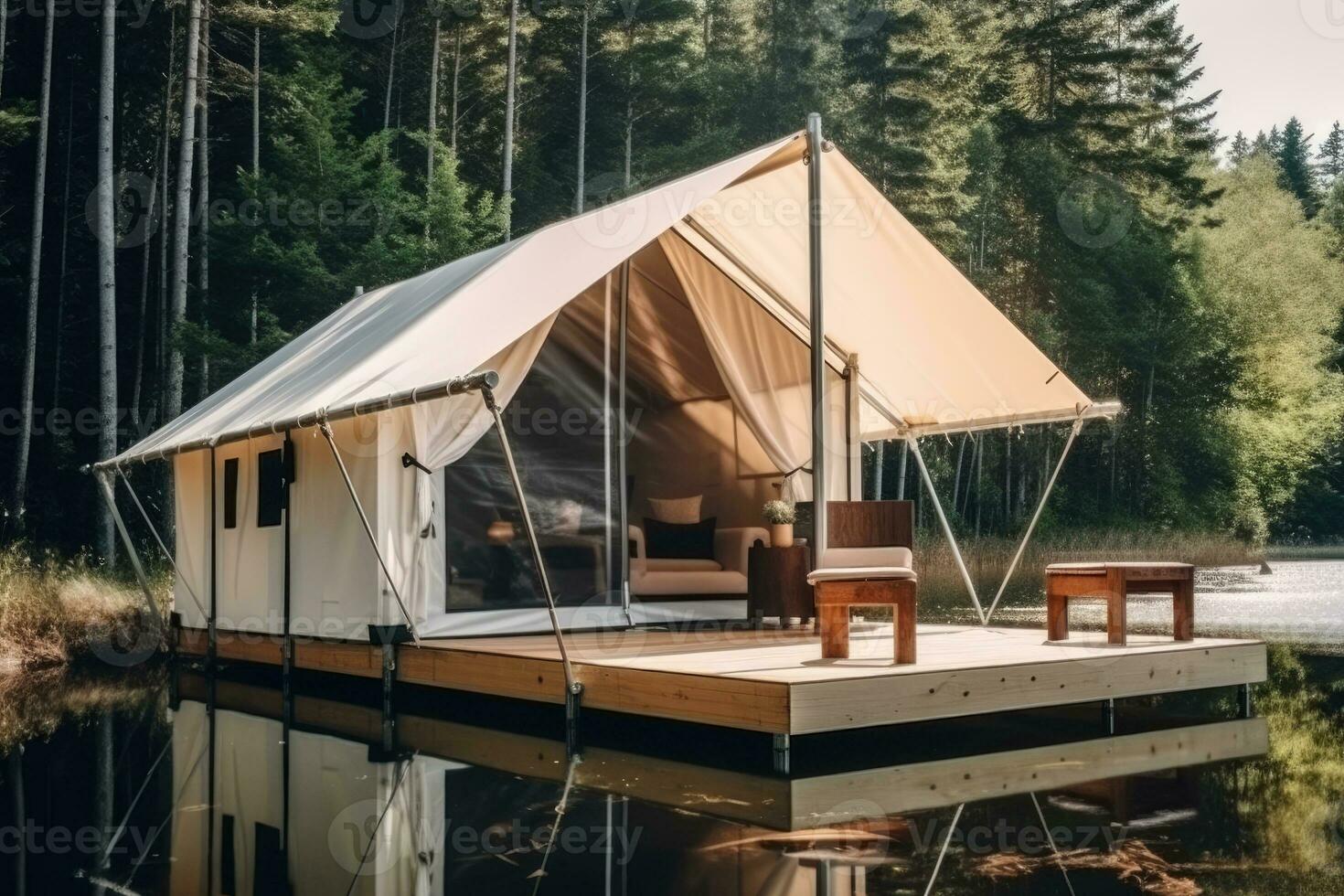 Stylish glamping tent nestled by a lake in a forest, Generative AI photo