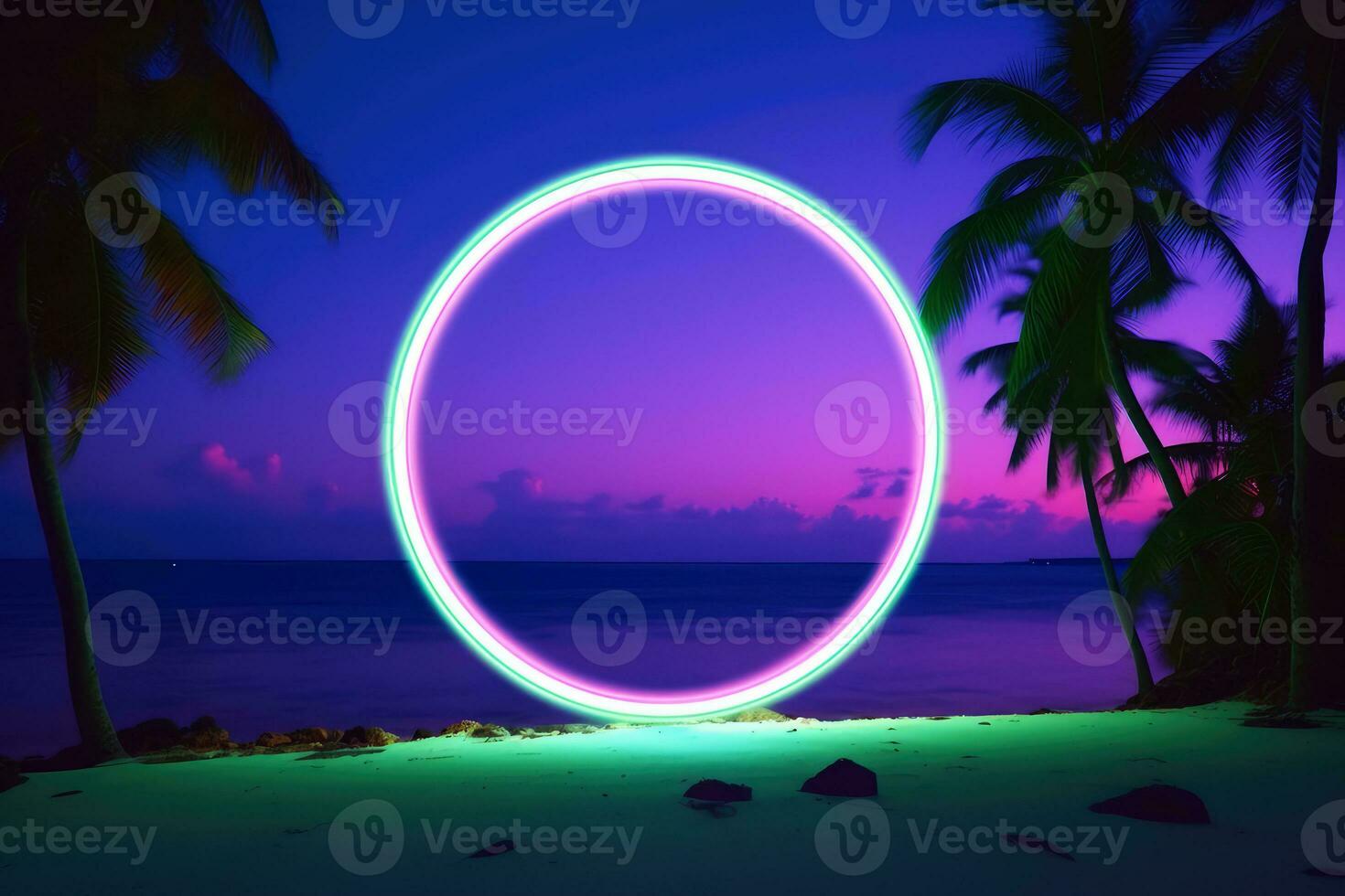 Neon light circle on tropical beach at night, summer party. Generative AI photo