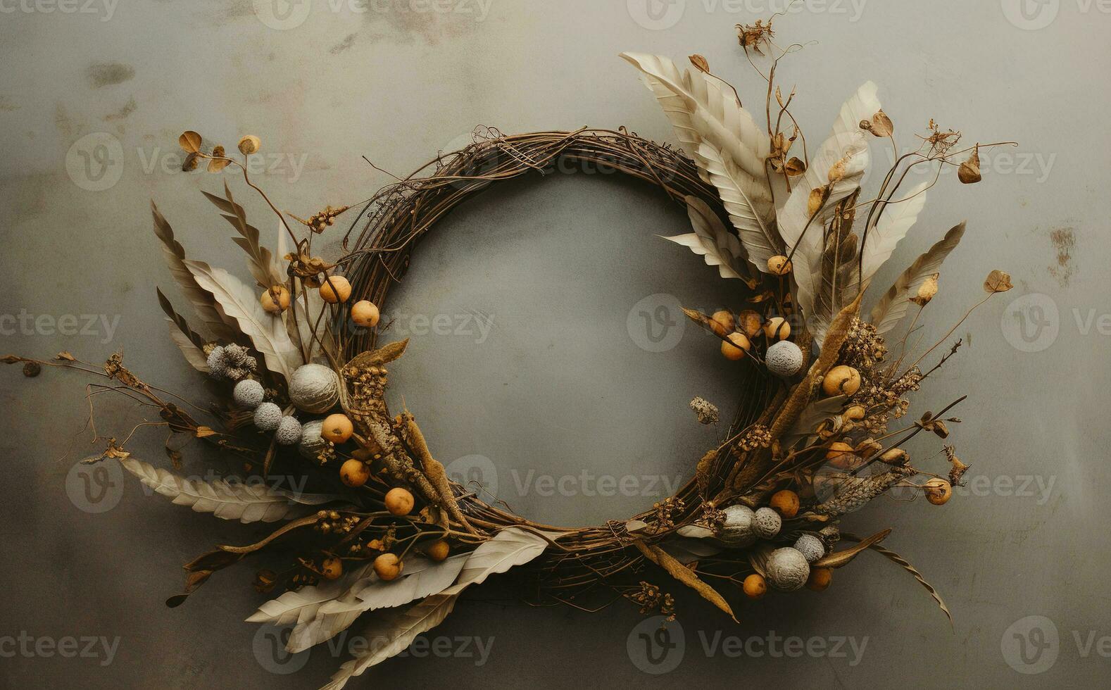 Generative AI, Stylish autumn rustic wreath close up, aesthetic muted colors photo