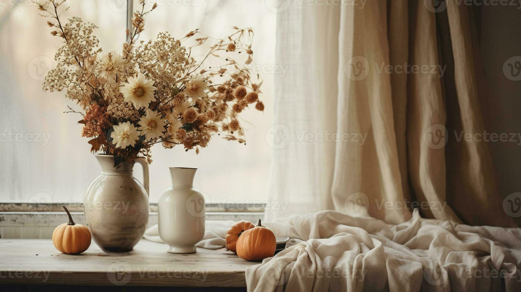 Generative AI, Autumn rustic decoration for home and celebration concept, pumpkins and plants, autumn background photo