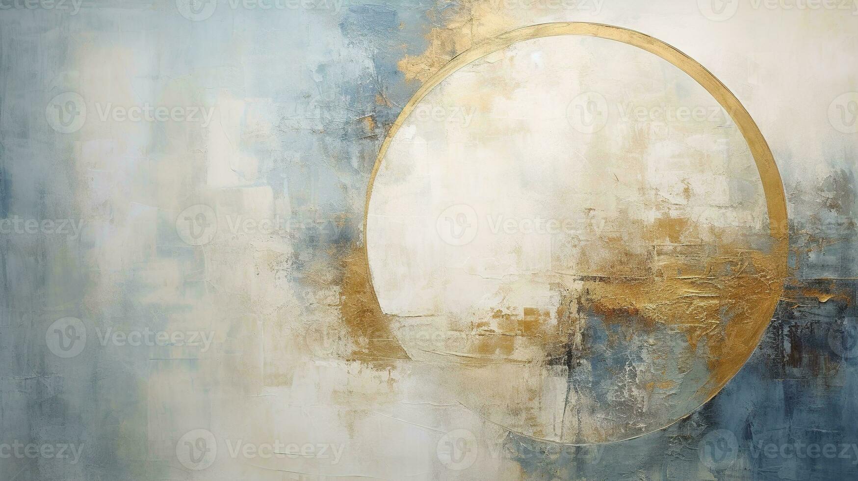 Generative AI, Blue, golden and ivory white colors, circle shapes vintage painting background. Grunge old oil impasto painted wall texture photo