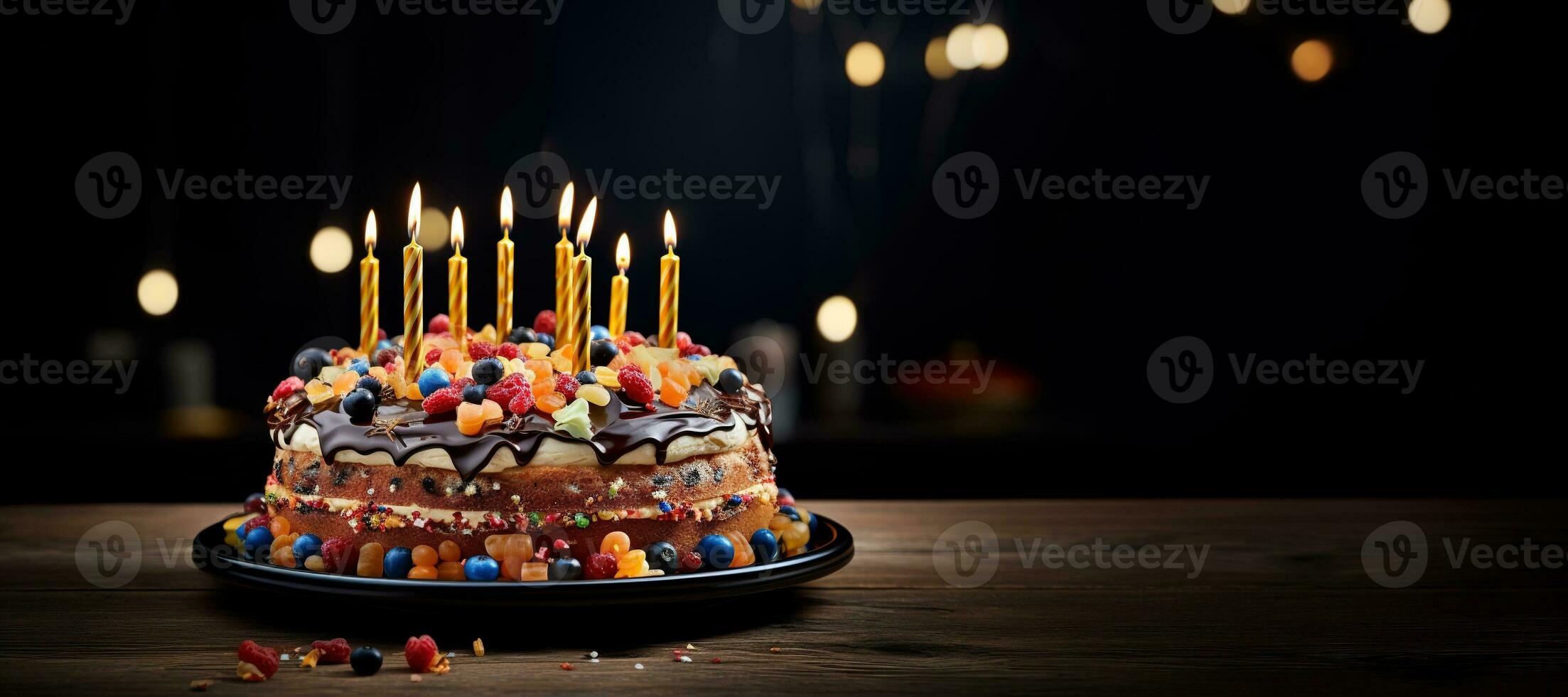 generativo ai, cumpleaños hermosa pastel con Fruta y velas, bandera para Felicidades foto