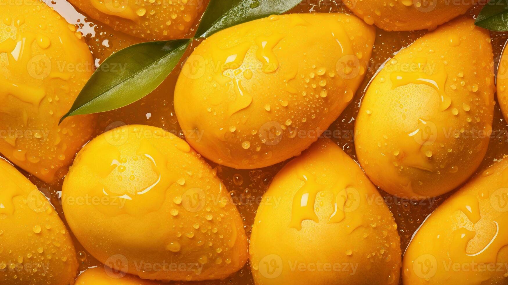 Generative AI, closeup fresh mango fruit background. Tropical exotic closeup photo with water drops.