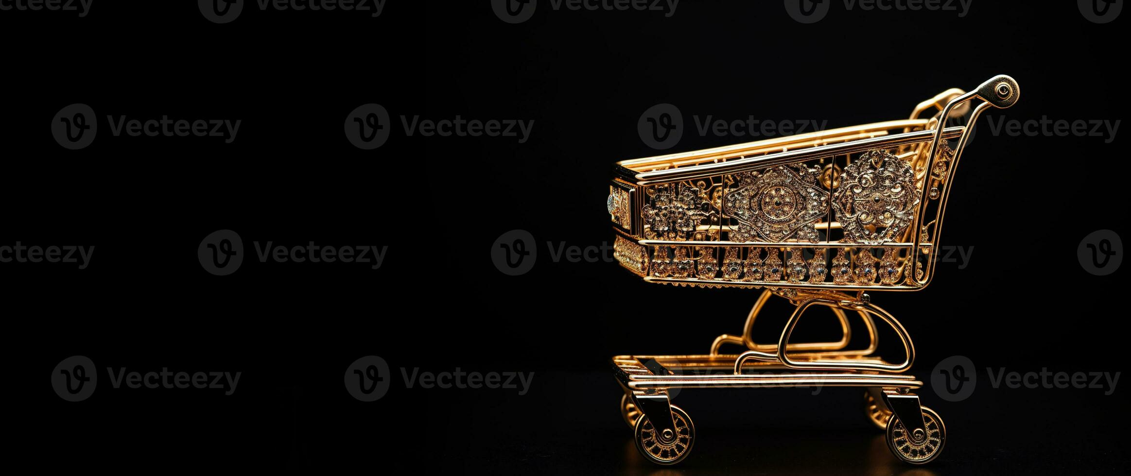 Generative AI, golden shopping cart on dark background with glittered bokeh, Black Friday concept, discount and sale. photo