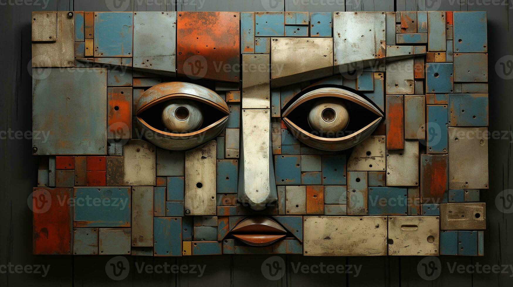 Generative AI, Abstract robotic face on rusty vintage metal background, geometric shapes photo