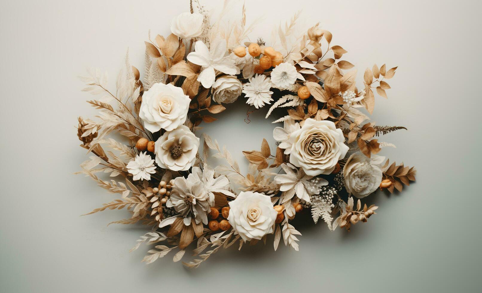 Generative AI, Stylish autumn rustic wreath close up, aesthetic muted colors photo