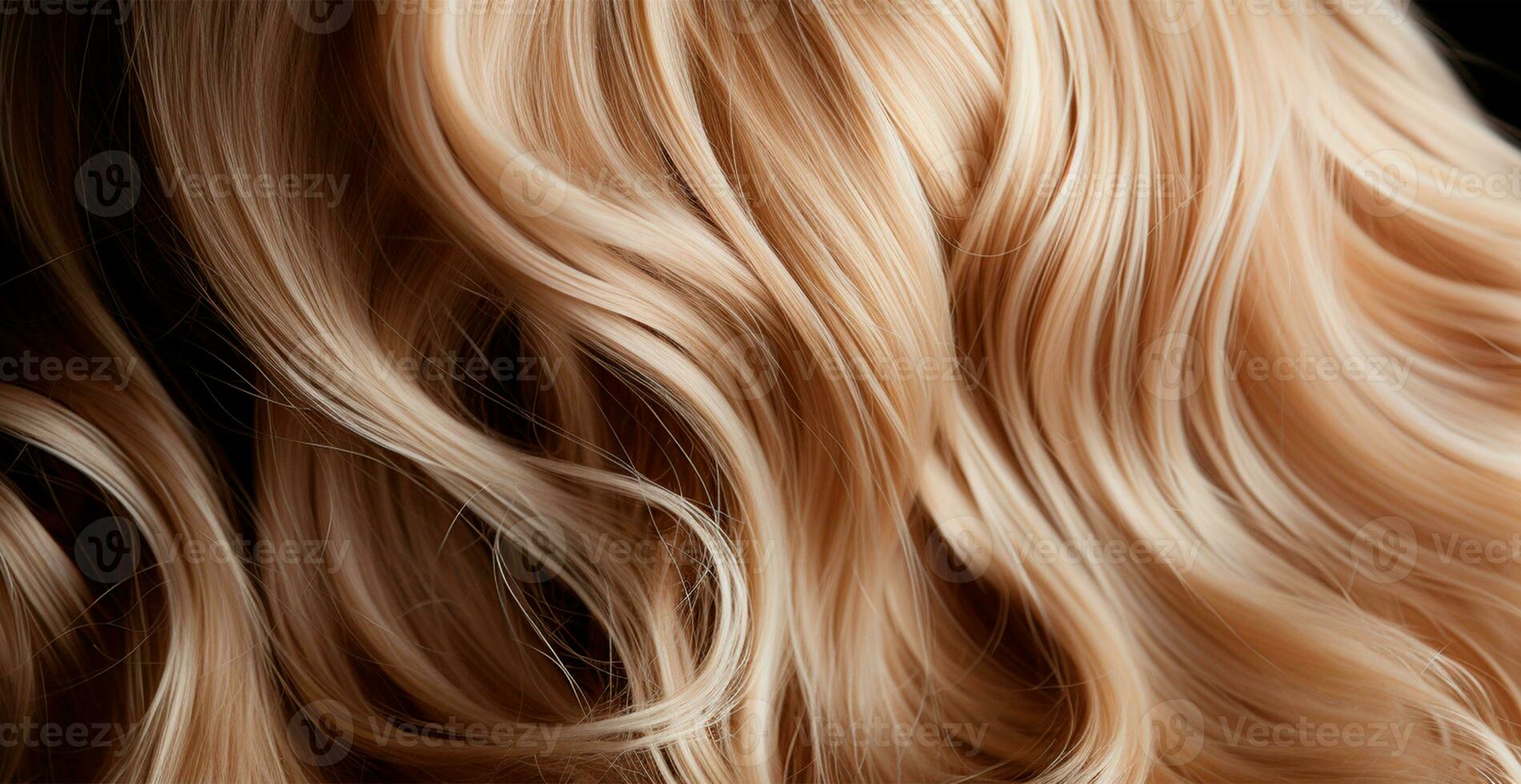 Blonde hair close-up as background. Women's long natural blonde hair. Styling wavy shiny curls - AI generated image photo