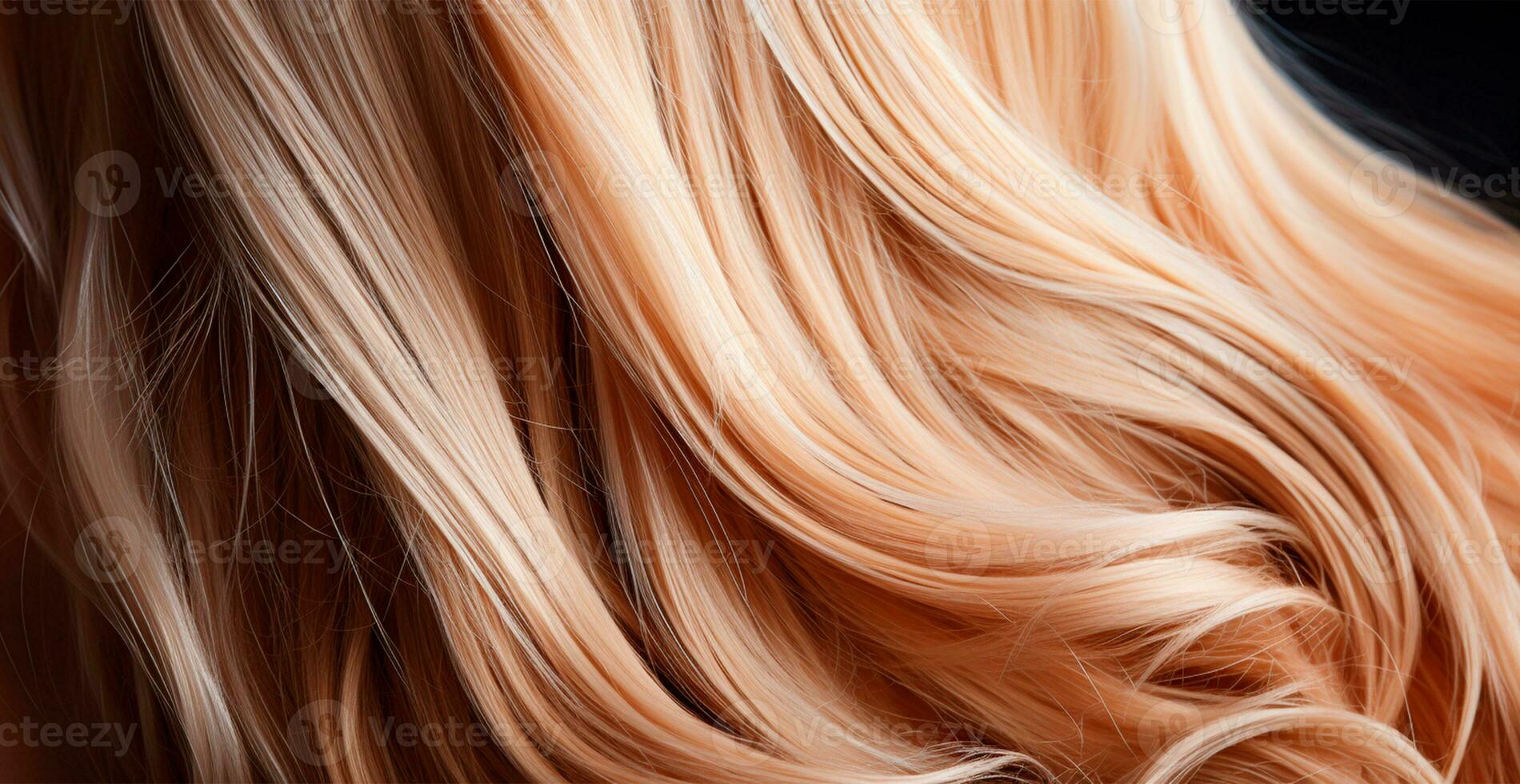 Blonde hair close-up as background. Women's long natural blonde hair. Styling wavy shiny curls - AI generated image photo
