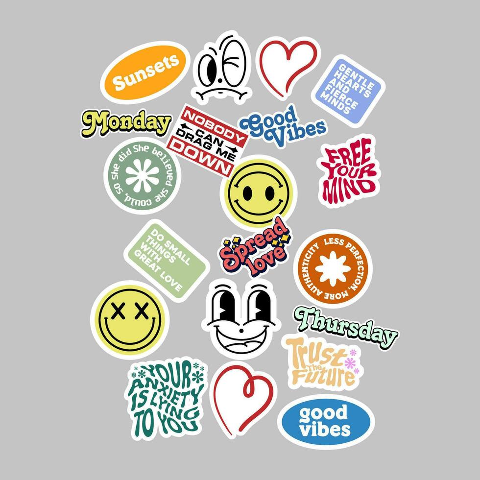 Sticker set Cute vector template decorated with cartoon image and aesthetic quotes graphic design