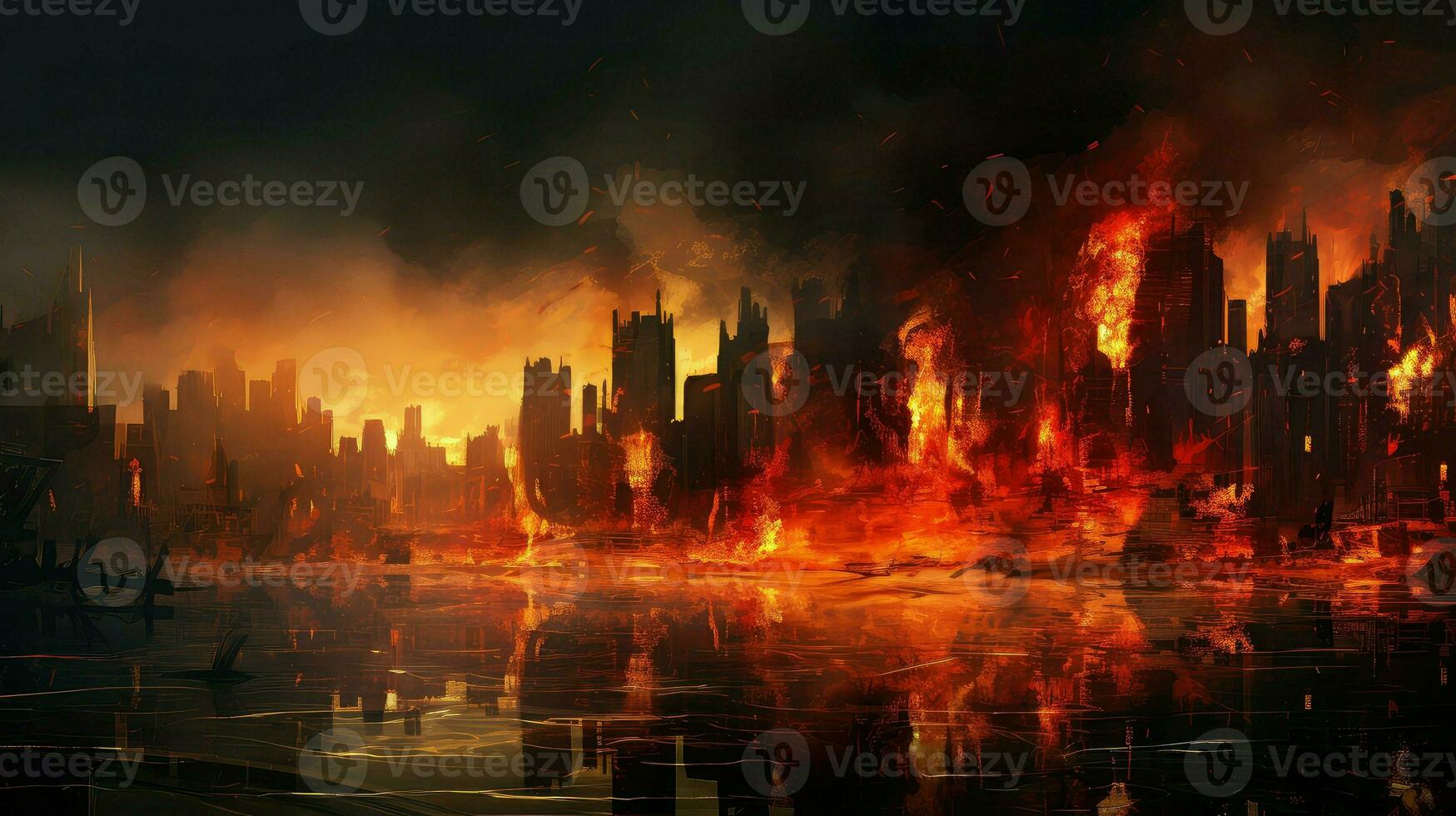 war destroyed city fire ai generated photo