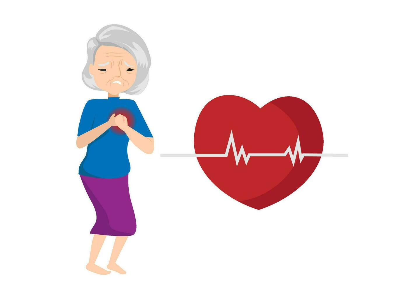 Old woman holding her chest with heart attack sign isolated on white background. Concept of Heart pain, symptom of heart disease, elderly's risk, health and medicine. Flat vector illustration.