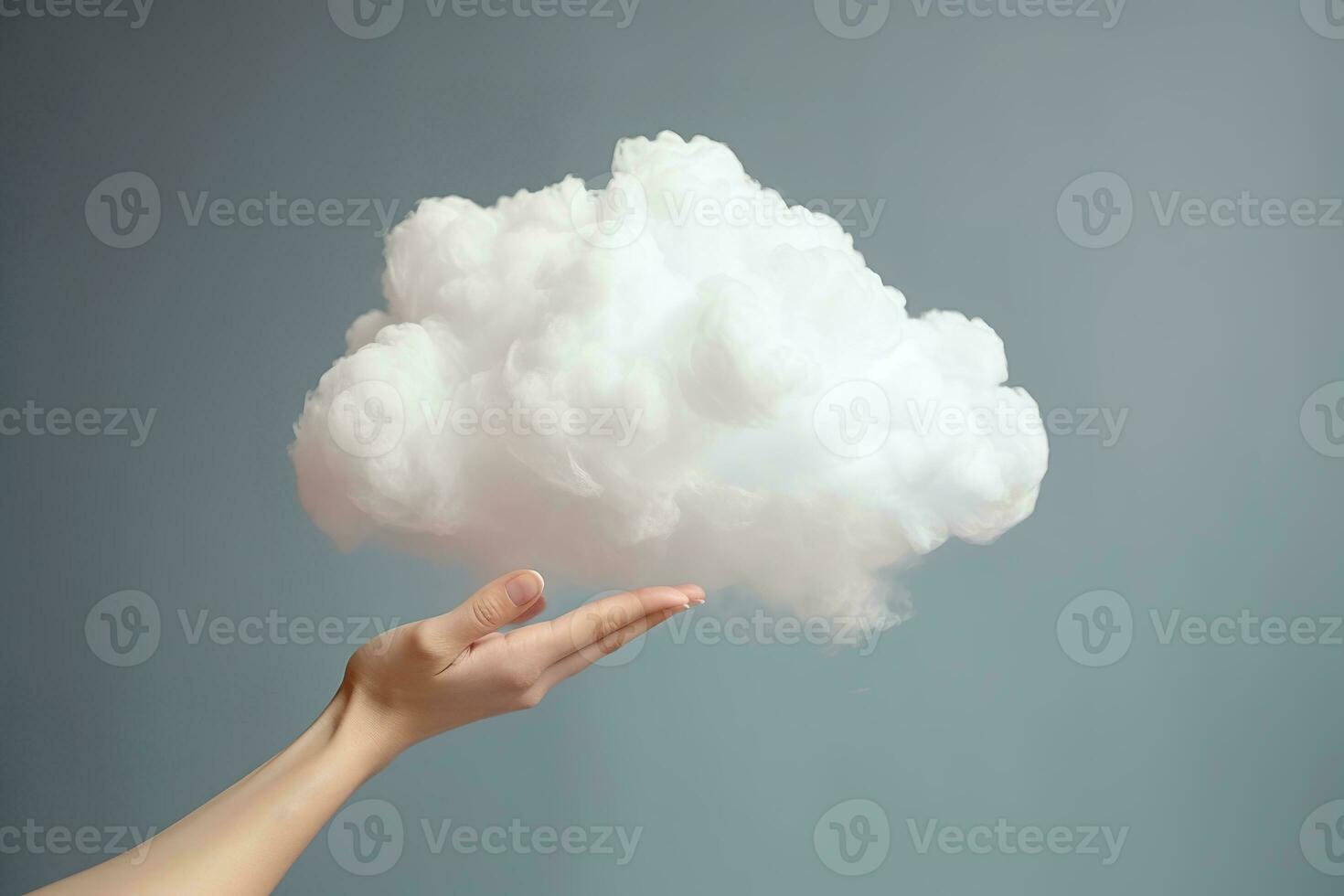 Generative AI, hand holding cloud, sky background. The development of the imagination concept photo